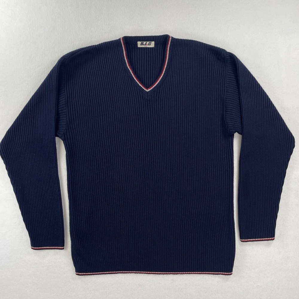 Vintage DJ&C Knit Sweater Men's XXL Navy V Neck Retro Classic Long Sleeve